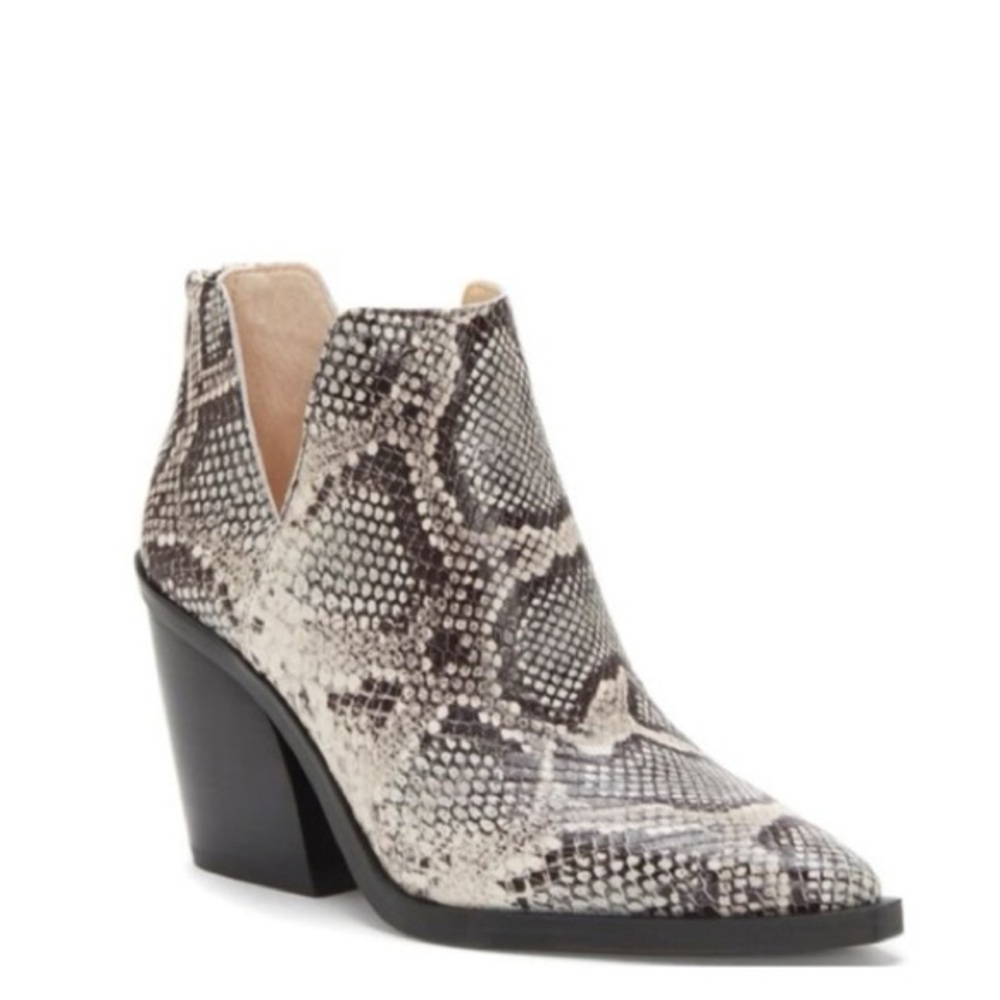Vince Camuto Gigietta Black and White Snakeskin Chunky Heeled Boots
